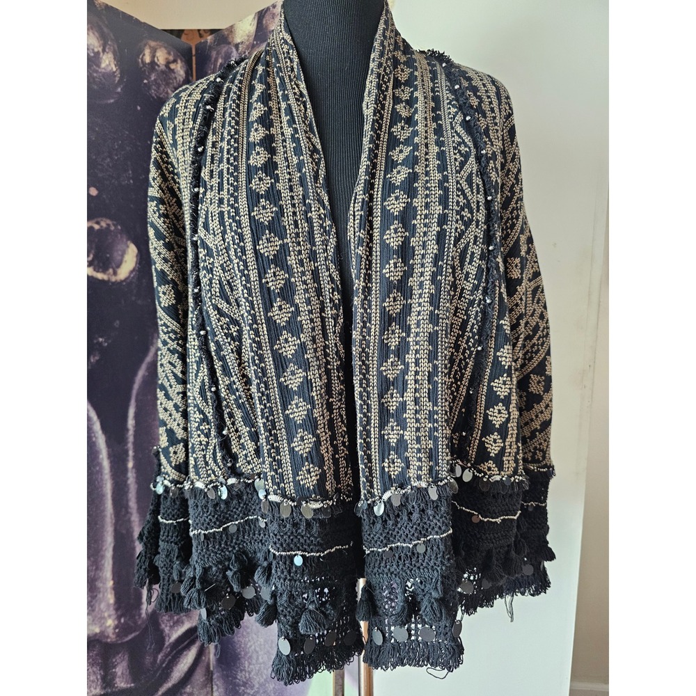 Zara‎ Premium Denim Collection Boho Jacquard Crochet Tassel Cardigan M Black